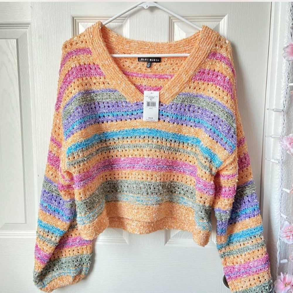 Blue Blush Multicolor Striped V-Neck Sweater
